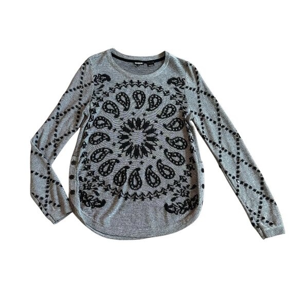Desigual Grey Pullover Sweater Bohemian Print Stud Stretch Wool Blend Sz Medium - Picture 1 of 12